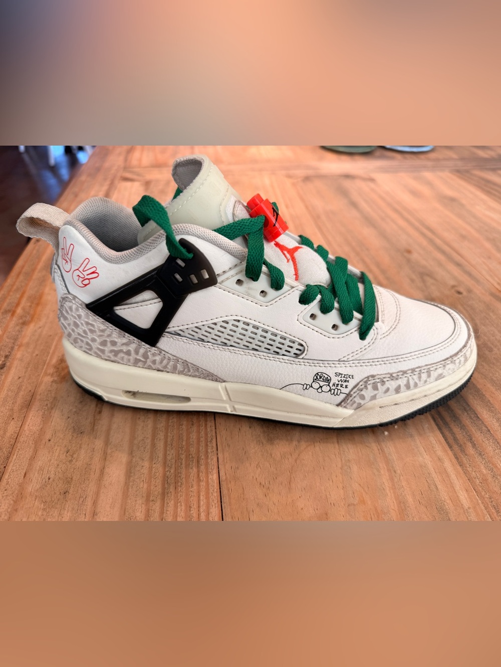 Jordan Spizike White Sneaker with Green Laces and Red Lace Lock